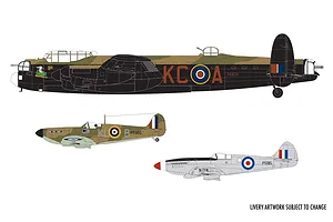 Digital profile illustrations of three RAF aircraft: an Avro Lancaster, a Supermarine Spitfire, and a Hawker Hurricane, showing their camouflage liveries.