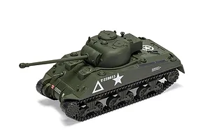 A fully assembled and painted 1/72 scale model of a Sherman Firefly tank in olive drab green with white military markings on a white background.