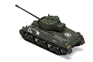 A fully assembled and painted 1/72 scale Sherman Firefly tank model in olive green with white military markings, viewed from a high angle.