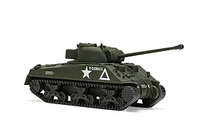 A side-profile view of an assembled and painted 1/72 scale Airfix Sherman Firefly tank model on a white background.