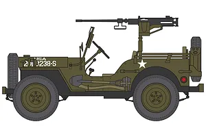 A side-profile illustration of a military Jeep MB with a mounted machine gun, painted in olive drab with white markings.