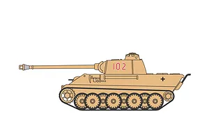 A side-profile illustration of a German Panther tank in tan camouflage with the number 102 on the turret.