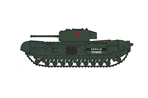 A side-profile digital illustration of a green Churchill Mk.VII tank with the name APOLLO and serial number T173147H printed on the side.
