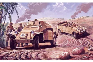 Box art illustration for an Airfix 1/76 scale model kit showing a German armored car and a Kubelwagen in a desert landscape with soldiers.