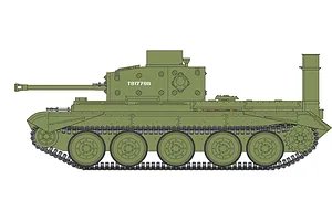 A side-profile digital illustration of a green Cromwell Cruiser tank with the serial number T817796 on the turret.