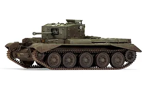 A side-profile view of an assembled and painted 1/76 scale Airfix Cromwell Cruiser tank model, featuring weathered olive green camouflage.