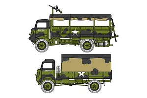 Side profile illustration of two Bedford military trucks in camouflage paint, showing one troop carrier version and one cargo truck version.