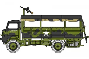 A side-profile digital illustration of a military Bedford truck in green and black camouflage with a white star on the side.