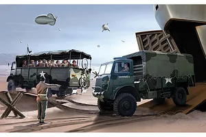 Box art illustration for Airfix 1/76 Bedford QLT and QLD trucks showing military vehicles on a beach with soldiers and barrage balloons.