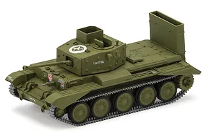 A 1/76 scale plastic model of a British Cromwell Cruiser tank in olive green, featuring detailed tracks, turret markings, and a rear wading trunk.