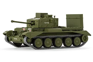 A side-profile view of an assembled and painted 1/76 scale Airfix Cromwell Cruiser tank model, featuring olive green camouflage and military markings.