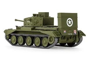 A side-rear view of an assembled and painted 1/76 scale Cromwell Cruiser tank model in olive green with a large rear storage bin.