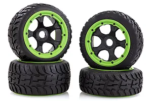 Rovan 4.7/5.5" Baja 5B Tarmac Buster II Tyres on Black Rims - Beadlocked Wheel Set w/ Green Beadlocks image 47743