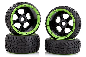 Rovan 4.7/5.5" Baja 5B Tarmac Buster II Tyres on Black Rims - Beadlocked Wheel Set w/ Green Beadlocks image 47744