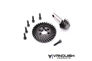 Vanquish 8T/33T machined underdrive crown and pinion differential gear set with included mounting screws on a white background.