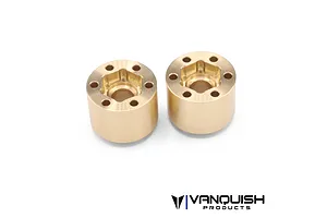 Two Vanquish brass SLW 600 beadlock wheel hex hubs shown from a top-down angle against a white background.