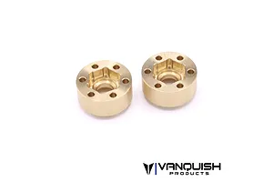 Two Vanquish brass SLW 350 wheel hex hubs for RC crawlers, shown from a top-down angle on a white background.