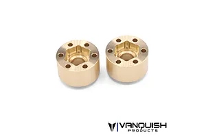 Two Vanquish brass SLW 475 beadlock wheel hex hubs shown from an angled top-down perspective against a white background.