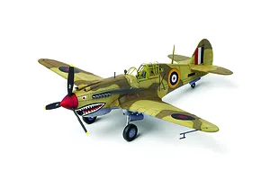 A completed 1/48 scale plastic model of a Tomahawk IIb fighter aircraft with desert camouflage and shark mouth nose art.
