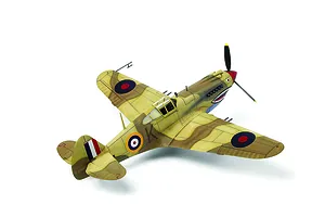 A completed 1/48 scale plastic model of a Tomahawk IIb fighter plane with desert camouflage and shark mouth nose art, viewed from above.