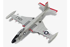 A high-angle view of a completed 1/72 scale plastic model of a US Navy F2H-3 Banshee fighter jet, painted in grey with red accents and US Navy markings.