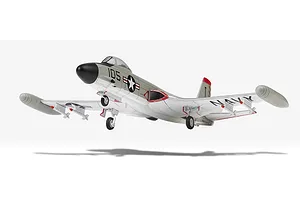 A completed 1/72 scale plastic model kit of a USN F2H-3 Banshee fighter jet in grey and white livery with Black Aces markings.