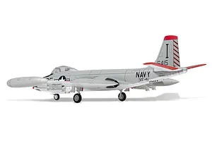 A side-profile view of a fully assembled and painted 1/72 scale Academy F2H-3 Banshee model aircraft in US Navy VF-41 Black Aces livery.