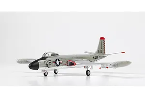 A side-profile studio shot of a completed 1/72 scale Academy F2H-3 Banshee model aircraft painted in US Navy VF-41 livery with a grey and white finish.