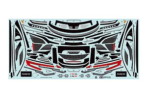 A Tamiya decal sheet for the 1/10 scale NSX RC car, featuring various body trim, light, and logo stickers on a light blue backing.