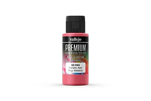 A 60ml bottle of Vallejo Premium Metallic Red airbrush paint with a black cap against a white background.