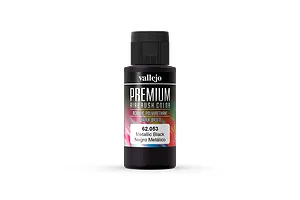 A 60ml bottle of Vallejo Premium Metallic Black airbrush paint with a black cap and a label featuring abstract colorful swirls.