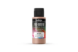 A 60ml bottle of Vallejo Premium Airbrush Color in Candy Brown, featuring a black cap and a label with product details.