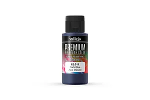 A 60ml bottle of Vallejo Premium Airbrush Color paint in Dark Blue (62.011) with a black cap against a white background.
