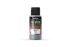 A bottle of Vallejo Premium Airbrush Color in Grey (62.019) featuring a black cap and a label with abstract colorful swirls.