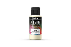 A 60ml bottle of Vallejo Premium Airbrush Color Metallic Medium, featuring a black cap and a label with abstract colorful background.