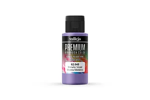 A 60ml bottle of Vallejo Premium Metallic Violet airbrush paint with a black cap, set against a clean white background.