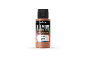 A 60ml bottle of Vallejo Premium Airbrush Color in Copper, featuring a black cap and a label with the product name and code 62.050.