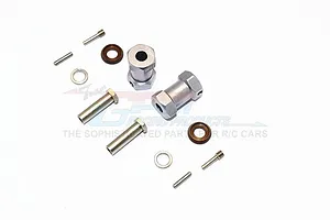 GPM Racing silver aluminium 12mm wheel hex adapters with 21mm extension, including pins, screws, and washers on a white background.
