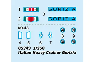 A decal sheet for the Trumpeter 1/350 scale Italian Heavy Cruiser Gorizia model kit, featuring ship name plates, flags, and aircraft markings.
