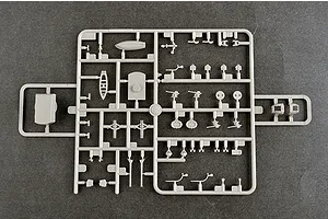A grey plastic sprue containing various small model parts for a 1/350 scale ship kit, including lifeboats, guns, and structural components.