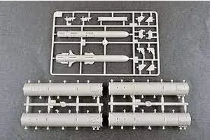 Plastic model kit sprues for the Trumpeter 1/35 3M24 Club-K missile system, showing missile parts and cylindrical container components.