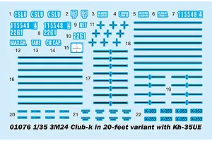 A decal sheet for the Trumpeter 1/35 3M24 Club-K model kit, featuring various shipping container markings, numbers, and stripes on a light blue backing.