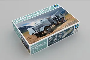 Trumpeter 1/35 scale L4500A mit 3.7cm Flak 37 plastic model kit box, featuring artwork of the military truck on a desert landscape.