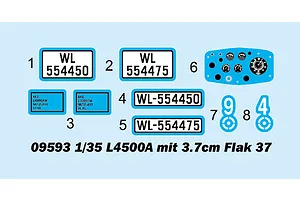 A digital decal sheet for the Trumpeter 1/35 L4500A mit 3.7cm Flak 37 model kit, featuring license plates, dashboard gauges, and identification numbers.