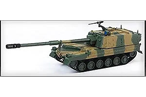 A completed 1/48 scale plastic model of a K9 self-propelled artillery vehicle painted in a green and tan camouflage pattern.