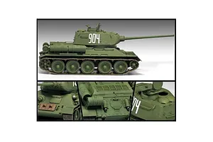 A side profile and close-up detail shots of an assembled and painted 1/35 scale T-34/85 tank model kit in olive green with the number 904 on the turret.