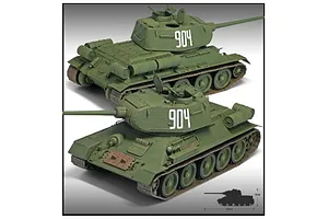Two views of an assembled and painted 1/35 scale Academy T-34/85 tank model, featuring olive green paint and the number 904 on the turret.