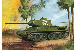 Box art illustration of a green T-34/85 tank with the number 904 on the turret, positioned in a forest setting.