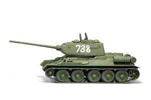 A side-profile view of a 1/35 scale Academy T-34/85 tank model, painted olive green with the number 738 on the turret.