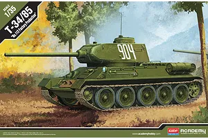 Box art for an Academy 1/35 scale T-34/85 No.112 Factory Production tank plastic model kit, featuring an illustration of the tank in a field.